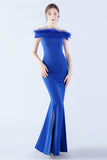 Navy Mermaid Off the Shoulder Crepe Formal Dress With Feather