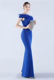 Navy Mermaid Off the Shoulder Crepe Formal Dress With Feather