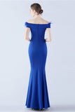 Navy Mermaid Off the Shoulder Crepe Formal Dress With Feather