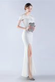 Navy Mermaid Off the Shoulder Crepe Formal Dress With Feather
