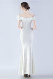 Navy Mermaid Off the Shoulder Crepe Formal Dress With Feather
