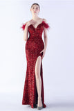 Mermaid Spaghetti Straps Sequin Formal Dress With Feathers