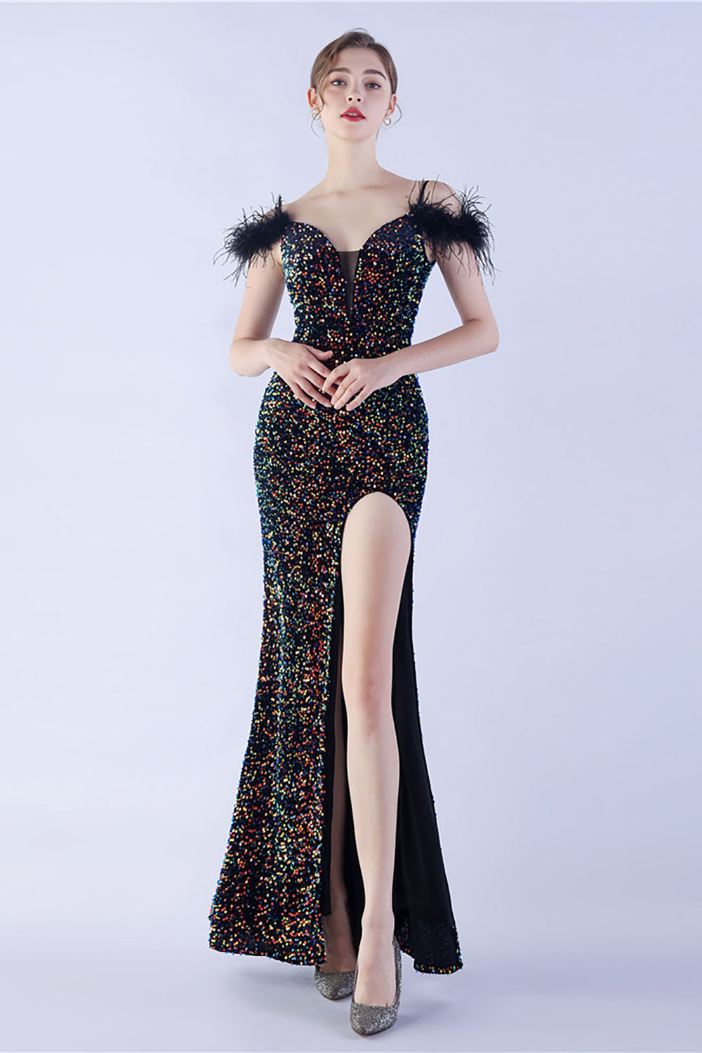 Wedtrend Women Metal Evening Dress Mermaid Spaghetti Straps Sequin Formal Dress With Feathers WEDTREND Wedtrend Women Metal Evening Dress Mermaid Spaghetti Straps Sequin Formal Dress With Feathers WEDTREND