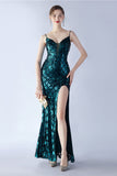 Burgundy Sheath Spaghetti Straps V-neck Sequin Formal Dress with Slit