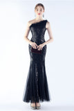 Burgundy One Shoulder Mermaid Mesh and Beaded Evening Dress With Feathers