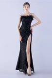 Lilac Sheath Spaghetti Straps Sequin Formal Dress With Feather