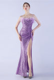 Lilac Sheath Spaghetti Straps Sequin Formal Dress With Feather