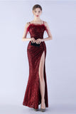 Lilac Sheath Spaghetti Straps Sequin Formal Dress With Feather