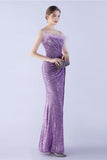 Lilac Sheath Spaghetti Straps Sequin Formal Dress With Feather