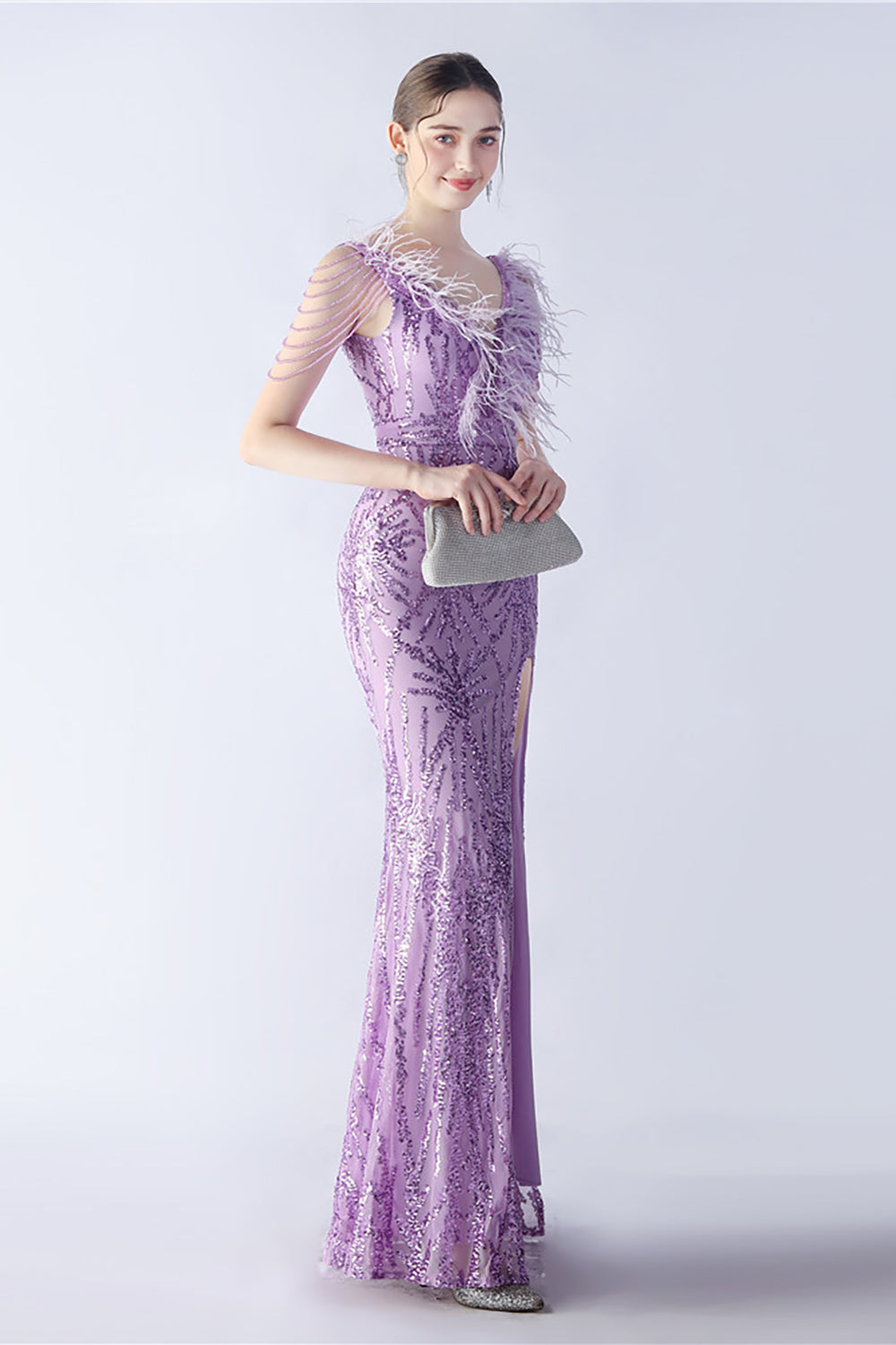 Lilac Mermaid V Neck Sequin and Beaded Feathers Evening Dress With Slit