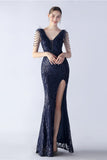 Lilac Mermaid V Neck Sequin and Beaded Feathers Evening Dress With Slit