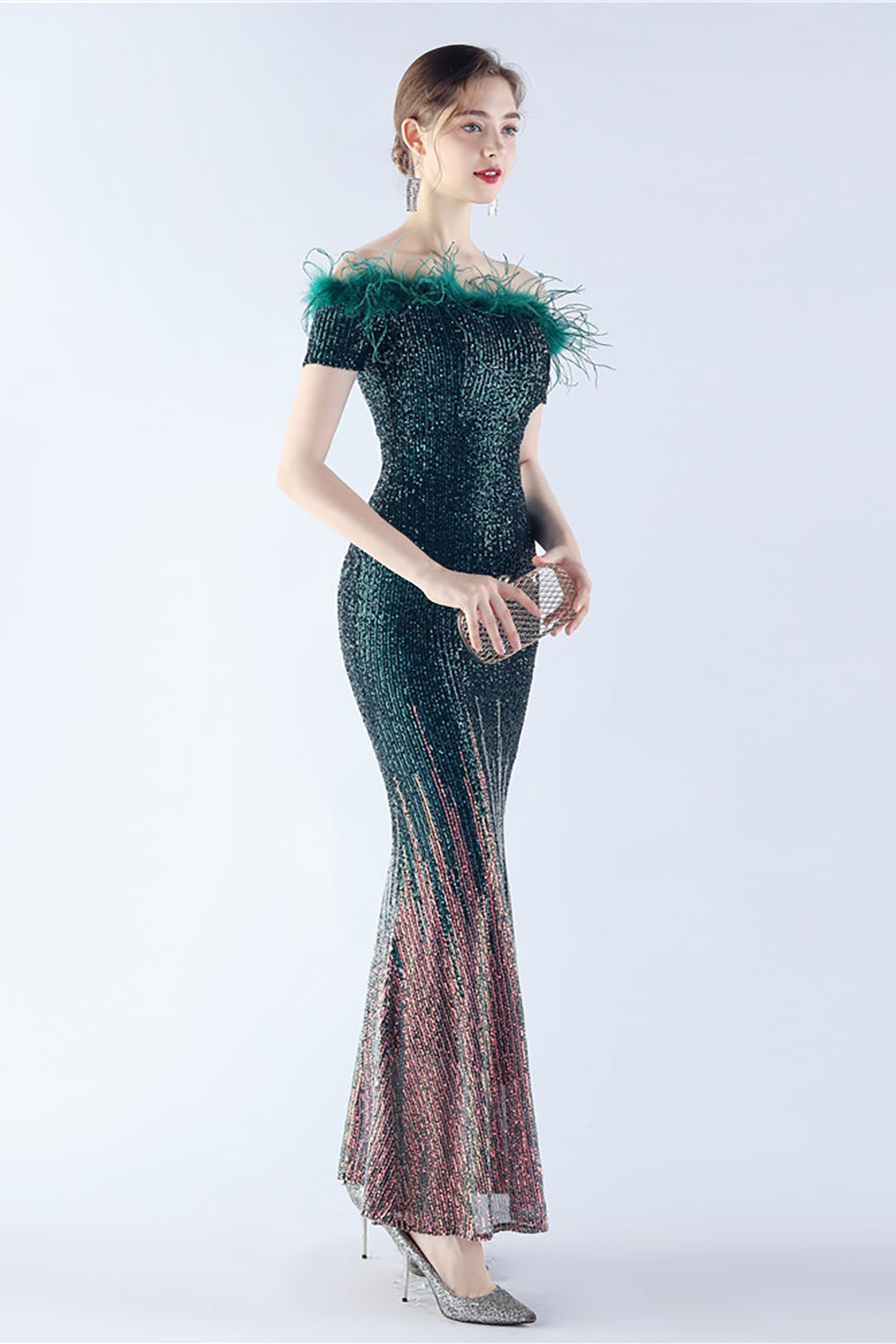 Dark Green Mermaid Off The Shoulder Sequin Formal Dress With Feather