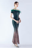 Dark Green Mermaid Off The Shoulder Sequin Formal Dress With Feather