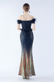 Dark Green Mermaid Off The Shoulder Sequin Formal Dress With Feather