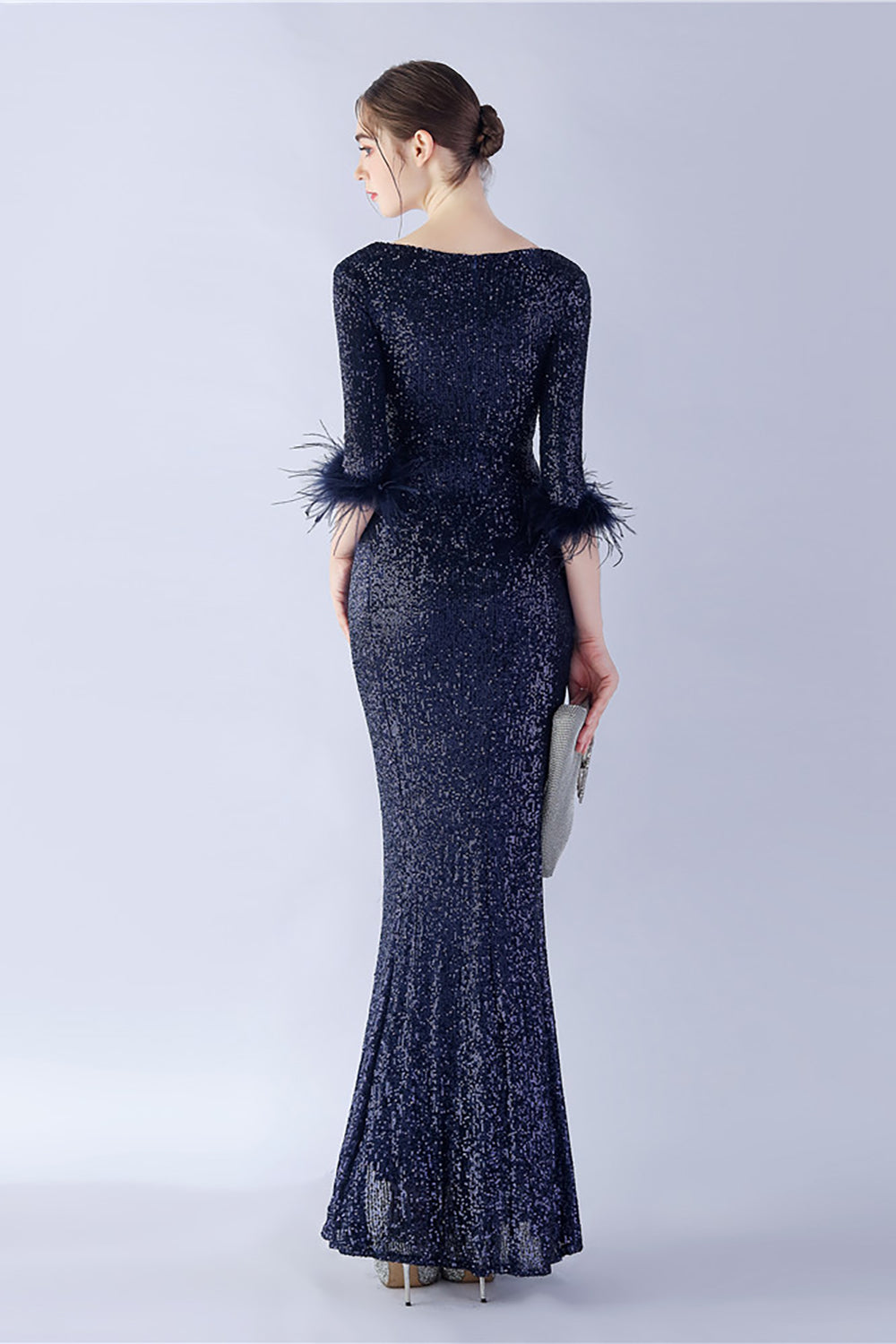 Navy Sheath Sequin V-Neck Half Sleeves Formal Dress with Feather