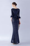 Navy Sheath Sequin V-Neck Half Sleeves Formal Dress with Feather