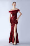 Black Bodycon Off The Shoulder Sequins Long Evening Dress with Feather