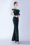 Black Bodycon Off The Shoulder Sequins Long Evening Dress with Feather