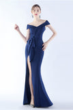 Navy Mermaid Off the Shoulder Crepe Formal Dress with Slit