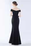 Navy Mermaid Off the Shoulder Crepe Formal Dress with Slit