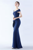 Navy Mermaid Off the Shoulder Crepe Formal Dress with Slit