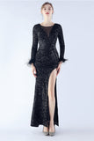 Black Mermaid Sequin Feather Long-Sleeve Evening Dress With Slit