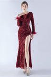 Black Mermaid Sequin Feather Long-Sleeve Evening Dress With Slit