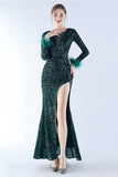 Black Mermaid Sequin Feather Long-Sleeve Evening Dress With Slit