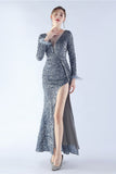 Black Mermaid Sequin Feather Long-Sleeve Evening Dress With Slit