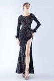 Black Mermaid Sequin Feather Long-Sleeve Evening Dress With Slit