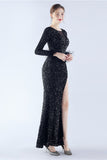 Black Mermaid Sequin Feather Long-Sleeve Evening Dress With Slit