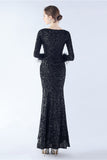 Black Mermaid Sequin Feather Long-Sleeve Evening Dress With Slit