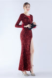 Black Mermaid Sequin Feather Long-Sleeve Evening Dress With Slit