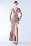 Black Mermaid Sequin Feather Long-Sleeve Evening Dress With Slit