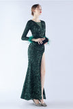 Black Mermaid Sequin Feather Long-Sleeve Evening Dress With Slit