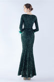 Black Mermaid Sequin Feather Long-Sleeve Evening Dress With Slit