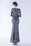 Black Mermaid Sequin Feather Long-Sleeve Evening Dress With Slit