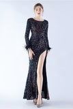 Black Mermaid Sequin Feather Long-Sleeve Evening Dress With Slit