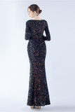 Black Mermaid Sequin Feather Long-Sleeve Evening Dress With Slit