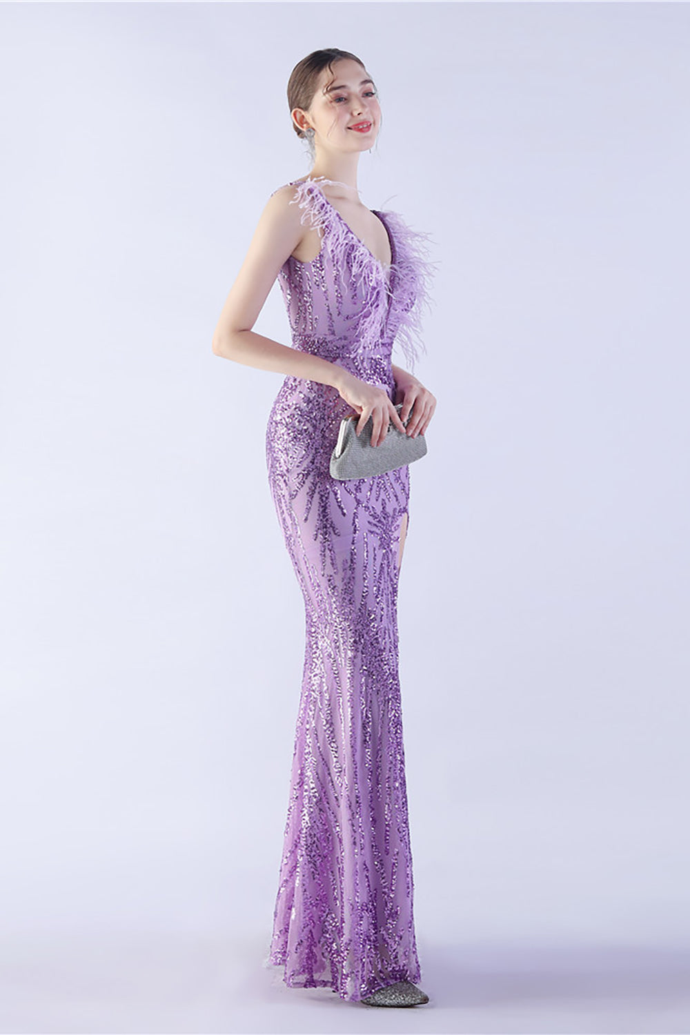 Lilac Mermaid V Neck Side Slit Beaded Evening Dress With Feather