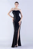 Glitter Dark Green Sheath Strapless Sequin Formal Dress with Feather