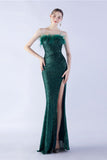 Glitter Dark Green Sheath Strapless Sequin Formal Dress with Feather