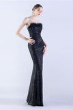 Glitter Dark Green Sheath Strapless Sequin Formal Dress with Feather