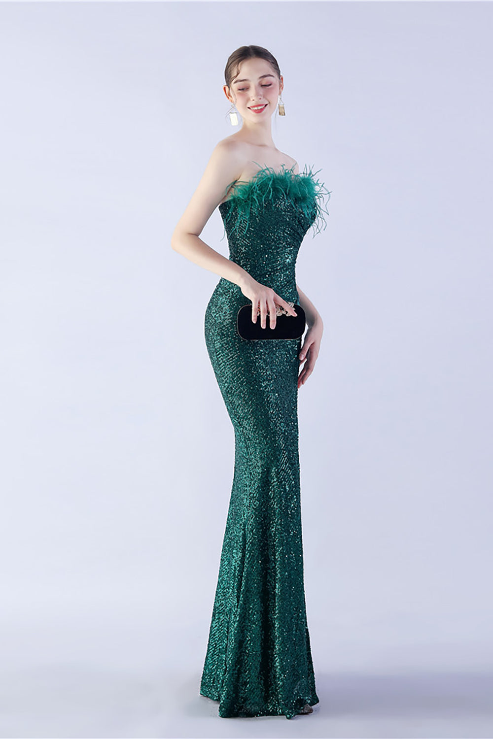 Glitter Dark Green Sheath Strapless Sequin Formal Dress with Feather