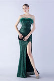 Glitter Dark Green Sheath Strapless Sequin Formal Dress with Feather