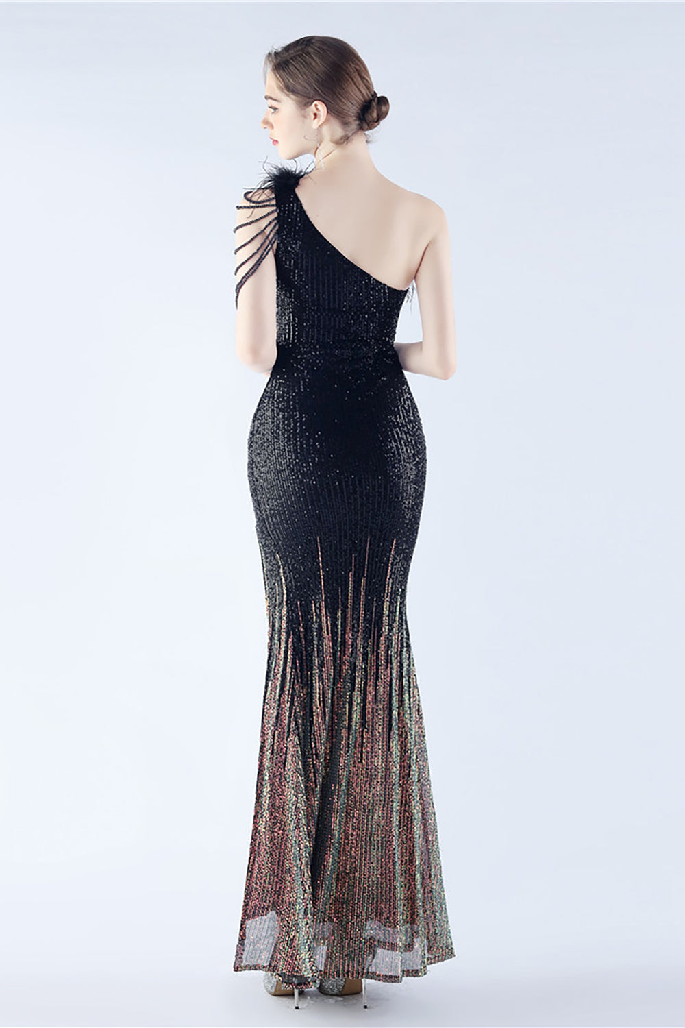 Wedtrend Women Glitter Black Bodycon Beaded Feather One-Shoulder Evening Dress With Slit WEDTREND Wedtrend Women Glitter Black Bodycon Beaded Feather One-Shoulder Evening Dress With Slit WEDTREND
