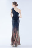 Glitter Black Bodycon Beaded Feather One-Shoulder Evening Dress With Slit