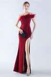 Burgundy Sheath One Shoulder Crepe Formal Dress with Feather