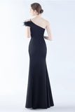 Burgundy Sheath One Shoulder Crepe Formal Dress with Feather