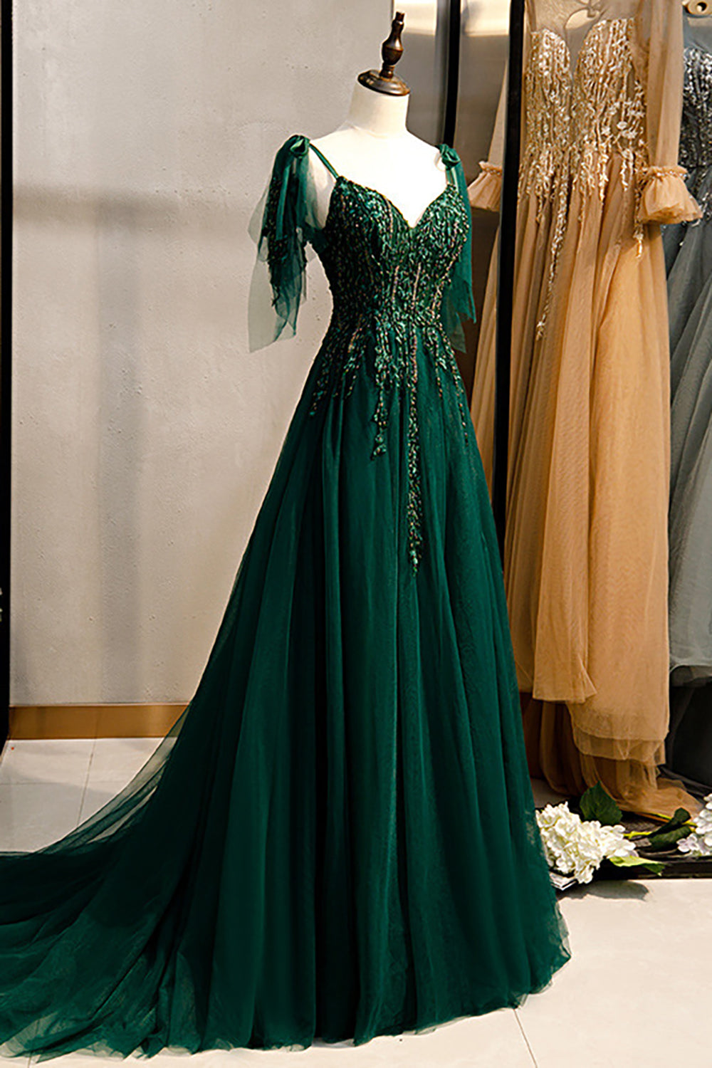 Dark Green A-Line Spaghetti Straps Prom Dress with Beading